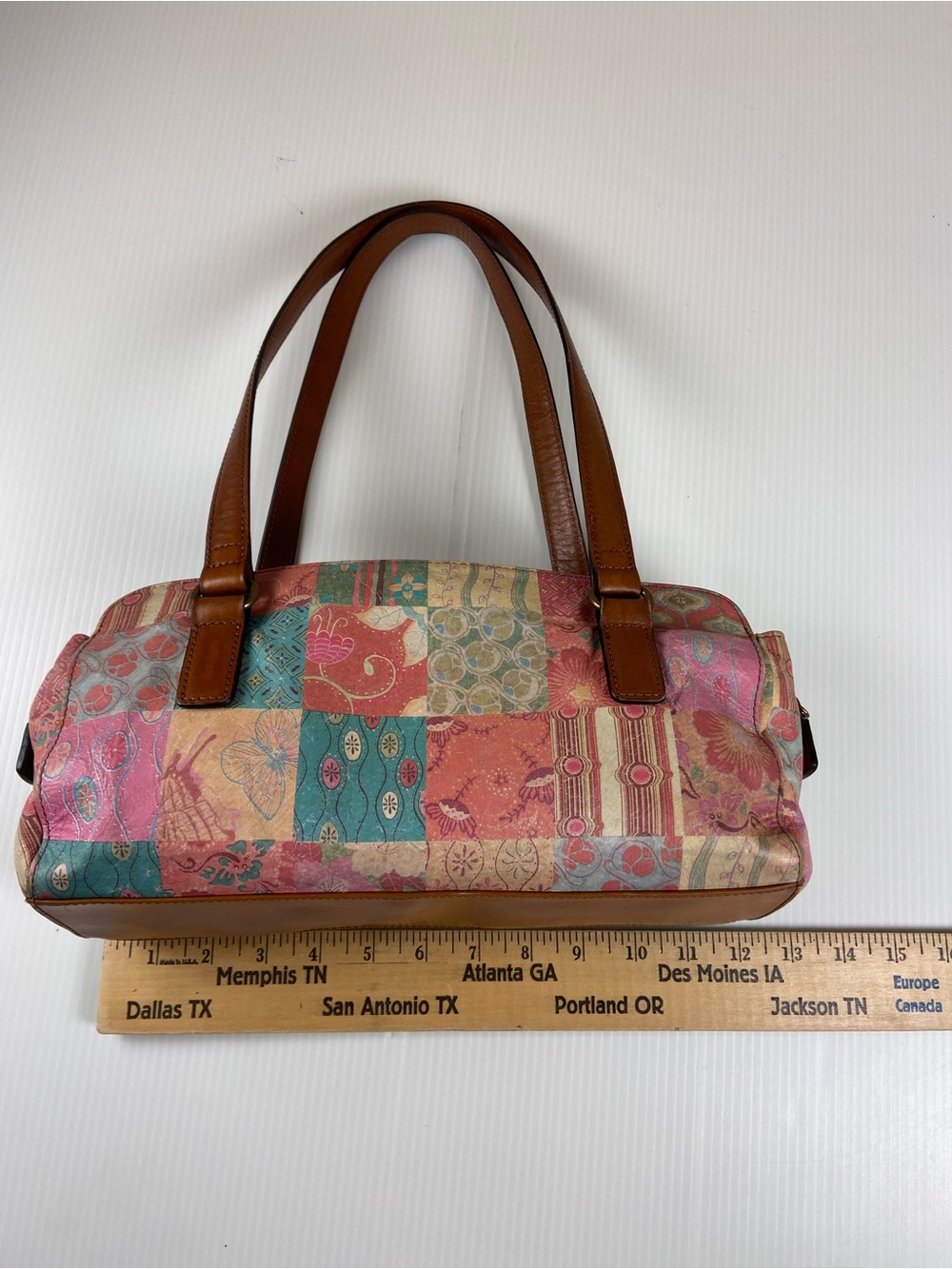 Fossil Genuine Leather Patchwork Print Shoulder Bag Boho Y2K Purse - Picture 3 of 10